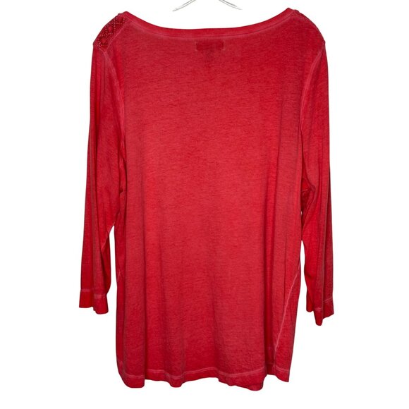 LRL Lauren Jeans Co. Womens Henley Top Red Mineral Wash Lace Shoulder Size 2X - Picture 3 of 6